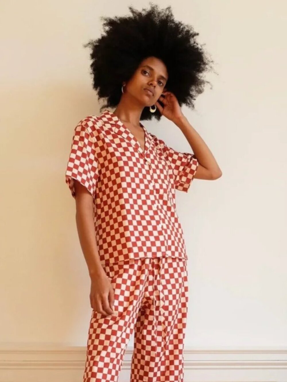 WRAY Checkered Short Sleeve Button Down Lounge Top Spice Check Red Cream S
